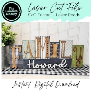 Bloque de palabras de familia SVG / Bloque de palabras de decoración del hogar SVG / Archivo SVG / Archivo cortado con láser / Glowforge / Decoración de repisa svg / Familia svg / Personalizado