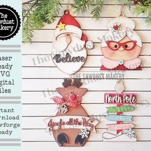 Pacote de enfeites do Polo Norte SVG File | Arquivo de corte a laser | Kit de enfeites de Natal | Enfeite SVG | Rena | Pão de gengibre | Papai Noel | Sra. Claus
