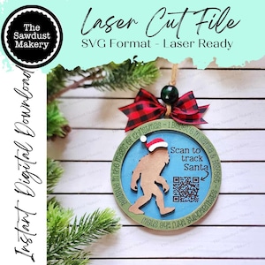 Ornamento de Natal Sasquatch Santa Tracker SVG File | Arquivo de corte a laser | Ornamento de Natal Big Foot SVG | Ornamento SVG | Papai Noel Laser