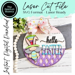 Bonjour Pâques Gnome Accroche-porte Fichier laser SVG | Fichiers de Pâques découpés au laser | Découpé au laser SVG | Forgelumineuse | Accroche-porte de Pâques svg | Svg nain