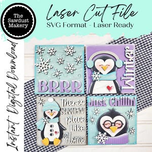 Archivo de corte láser con letrero de invierno de pingüino / Archivo de corte láser / Marco intercambiable / Insertos de letrero de invierno / SVG de pingüino / Paquete de letreros de pingüino