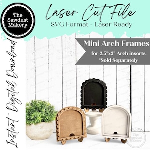 Könnte beinhalten: Ein Bild mit lasergeschnittenen Mini-Bogenrahmen in Schwarz, Beige und Weiß, entworfen für 6,35 cm x 7,62 cm Bogeneinsätze. Der Text "Laser Cut File" und "Instant Digital Download" ist ebenfalls enthalten. Die Rahmen sind auf weißem Hintergrund.