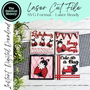 File di taglio laser coccinella estiva / File di bundle di cartelli intercambiabili appoggiati coccinella SVG / Glowforge / Vassoio a più livelli estivo SVG / Cornice fattoria