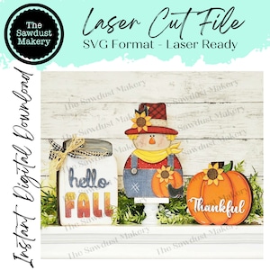 File SVG Hello Fall Shelf Sitters / File tagliato al laser / Glowforge / Girasoli / Zucche / Decorazioni autunnali per il camino / File tagliato al laser Fall Scarecrow