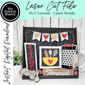 May include: A digital download of a laser cut file for a kitchen themed craft project. The file includes a banner with stars and hearts, a sign that says "KITCHEN", a sign that says "Homemade", a bowl with a spoon and whisk, a grater, and measuring spoons.