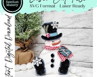 Chunky Sitting Snowman Shelf Sitter SVG | Snowman laser cut file | Snow SVG | Glowforge | Snowman | Frosty | Snowflakes |Winter SVG