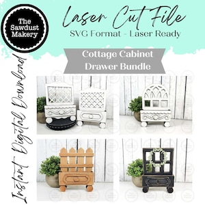 Op de afbeelding: Een digitale download afbeelding met lasergesneden cottage kastlade ontwerpen. De afbeelding toont verschillende miniatuur kastmodellen in verschillende stijlen, waaronder witte, natuurlijke hout- en zwarte afwerkingen. De tekst luidt "Laser Cut File" en "Cottage Cabinet Drawer Bundle."