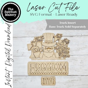 May include: Laser cut file featuring a patriotic design with a bearded figure in a top hat, fireworks, and the word "FREEDOM". Includes the text "USA", "Red White Boom", and "1776". The file is laser-ready and in SVG format.