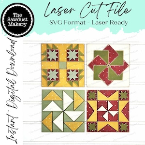 Puede incluir: Descarga digital con cuatro diseños de bloques de edredón. Cada bloque presenta patrones geométricos en amarillo, verde y rojo, con motivos de estrellas y triángulos. El texto dice "Laser Cut File" y "SVG Format - Laser Ready". También se ve el logotipo de The Sawdust Makery.