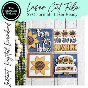 Sunflower Sign Laser Cut Files | Sunflower Interchangeable Leaning Sign Bundle File SVG | Glowforge | Fall Tiered Tray SVG | Farmhouse Frame