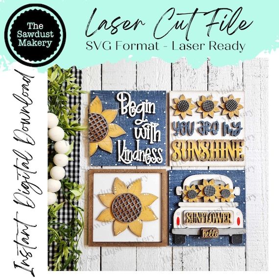 Sunflower Sign Laser Cut Files | Sunflower Interchangeable Leaning Sign Bundle File SVG | Glowforge | Fall Tiered Tray SVG | Farmhouse Frame