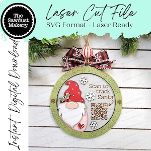 Enfeite de Natal Gnome Santa Tracker SVG File | Arquivo de corte a laser | Enfeite de Natal Santa SVG | Enfeite SVG | Gnome Laser Svg
