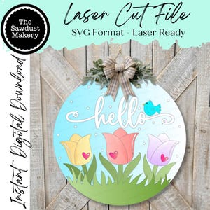 Hallo Tulpe Türschild SVG Laser-Datei | Frühling Laser Cut Dateien | Laser geschnitten SVG | Glühschmiede |  Frühling Türschild svg | Frühling svg