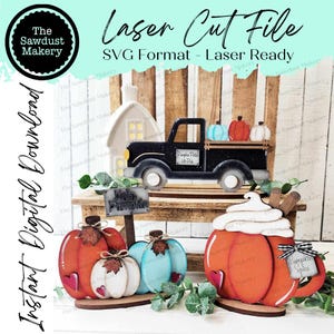 Ensemble de décoration debout citrouille d'automne fichier SVG | Fichier découpé au laser | Forgelumineuse | Citrouille | Bonjour citrouille | Latté citrouille svg | Camion citrouille d'automne SVG