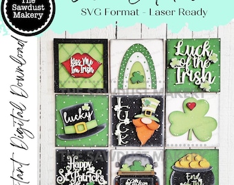 May include: A collection of laser-cut St. Patrick's Day designs. The designs include a rainbow, shamrocks, a leprechaun, a pot of gold, and the phrases "Kiss Me I'm Irish", "Luck of the Irish", and "Happy St. Patrick's Day".