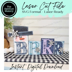 May include: A laser cut file for a snowman-themed wooden sign that says "BRR". The sign is made up of four blocks, with the first block featuring a snowman's head with a hat, the second block featuring the letter "B", the third block featuring the letter "R", and the fourth block featuring the letter "R".