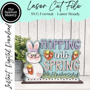 Hopping into Spring Word Art Shelf Sitter Standing Sign File SVG | Spring Laser Cut File | Spring Mantle decor |  Easter Shelf Sitter SVG
