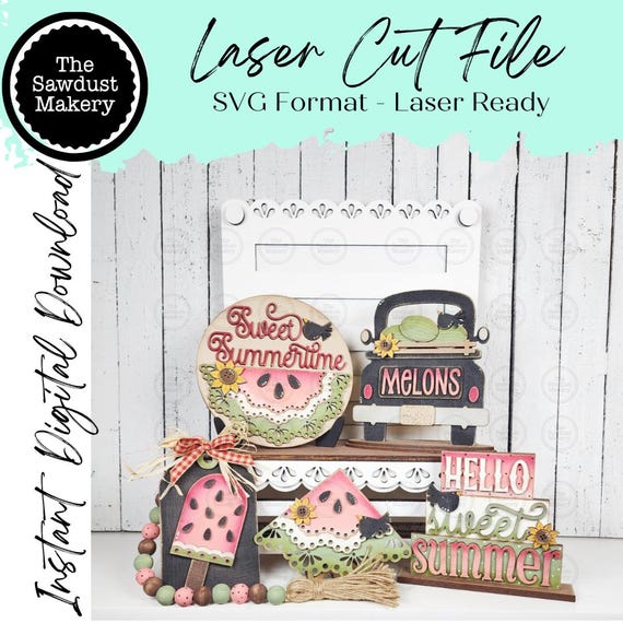 Hello Sweet Summer Watermelon Decor Set SVG File  | Laser Cut File | Watermelon SVG File | Tiered Tray svg | Hello Summer SVG | Summer