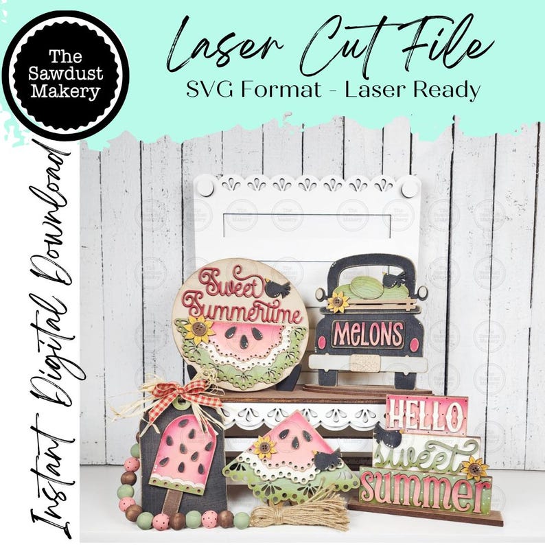May include: A collection of laser-cut wooden summer-themed decorations. The designs include a watermelon slice, a truck with melons, and signs that say "Sweet Summertime" and "Hello Sweet Summer". The color palette includes pink, green, and brown.