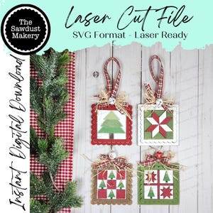 May include: Four laser-cut Christmas ornaments with red, green, and white designs. Each ornament has a scalloped edge and a plaid ribbon hanger. The text "Laser Cut File" and "Instant Digital Download" are visible.