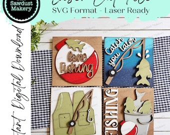 May include: Laser cut file with four square wooden fishing-themed designs. Designs include a bobber, fishing rod, vest, and bucket with the words "Gone Fishing", "Catch you later", and "Fishing". The file is in SVG format.