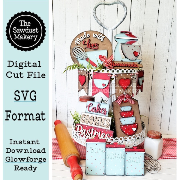 Vintage Baking Tiered Tray SVG File | Laser Cut File | Made with Love | Homemade | Kitchen svg | Baking SVG | Mixer SVG | Vintage Kitchen