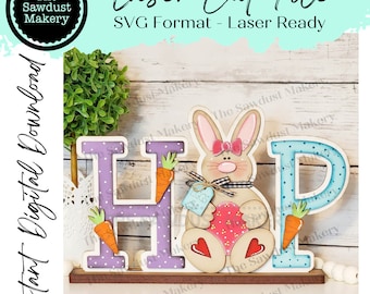 HOP Standing Bunny Shelf Sitter SVG | Laser Cut File | Glowforge | Easter SVG | Bunny laser cut file | Bunny svg | Easter Mantle Decor