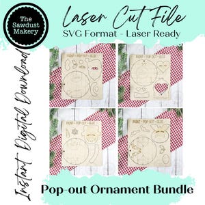 May include: A digital download bundle of laser cut files for pop-out ornaments. The image shows four wooden ornament designs, each with cut-out shapes and the text "PAINT - POP OUT - GLUE". The text "Laser Cut File" and "SVG Format - Laser Ready" are also visible.