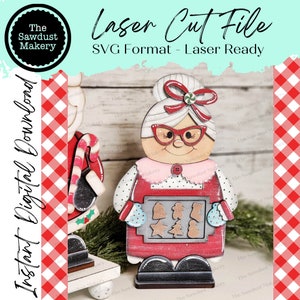 Fichier SVG Boulangerie Mme Claus debout | Fichier découpé au laser | Fichier SVG de la mère Noël | Garde d'enfants de Noël | Mère Noël étagère sitter SVG