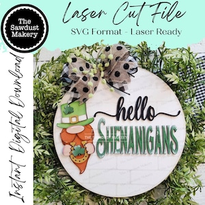 Hallo Shenanigans Kobold Gnom Türschild SVG Laserdatei | St. Patricks Day Laser Cut Dateien | Laser geschnitten SVG | Glühschmiede | Gnom SVG