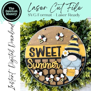 Sweet Summer Bee Gnome deurhanger SVG-bestand | Bijenkorf SVG | Lasergesneden bestand | Glowforge | Bee SVG-bestand | Honing | Bijen | Honingbijkabouter