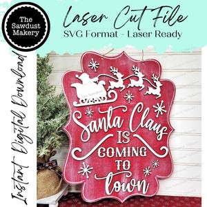 Fichier SVG Père Noël signe accroche-porte | Fichier découpé au laser | Forgelumineuse | Traîneau du Père Noël SVG | Renne SVG | Svg signe du réveillon de Noël