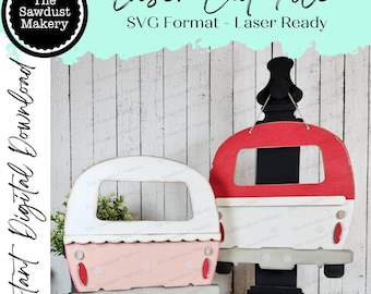 May include: Two laser-cut wooden camper designs in pink and red, white, and gray. The pink camper has a scalloped edge and the red camper is mounted on a black stand. Text on the image reads "Laser Cut File" and "Instant Digital Download."