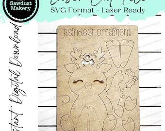 May include: A laser cut file for a reindeer ornament. The file includes the reindeer's head, body, legs, antlers, and a holly sprig. The file is in SVG format and is laser ready.