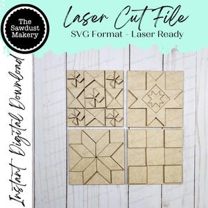 May include: Four laser cut wooden squares with different geometric patterns. The patterns include stars, squares, and triangles. The squares are arranged in a 2x2 grid. The text "Laser Cut File" and "SVG Format - Laser Ready" is visible at the top of the image.
