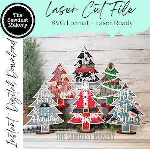 Fichier laser SVG arbre de Noël sur pied | Arbre de Noël SVG | Décoration SVG de manteau de cheminée | Décoration d'arbre de Noël | Arbres flocon de neige | Fichiers Glowforge