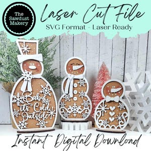 Fichier SVG de famille de neige bonhommes de neige en pain d'épice | Fichier découpé au laser | Fichier SVG hiver | Bonhomme de neige Laser SVG | Svg de Noël | Bonhommes de neige Svg