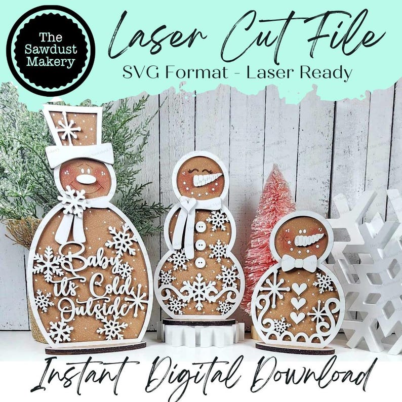 May include: Three wooden snowman cutouts with intricate designs. The largest snowman has the text "Baby It's Cold Outside" on its belly. The cutouts are ready to be assembled and painted.