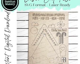 May include: A gingerbread house ornament laser cut file. The file includes the house, candy canes, a heart-shaped door, and windows. The text "Candy Cane Lane" is included on the file. The file is ready to be cut on a laser cutter.