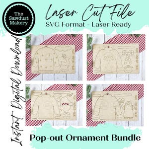 May include: A laser cut file bundle featuring four wooden pop-out Christmas ornaments. Each ornament design includes a sweater, and additional elements like a reindeer, candy canes, Santa, and a penguin. The text reads "Laser Cut File" and "Pop-out Ornament Bundle."