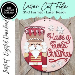 Quebra-nozes Sweet Christmas Door Hanger 10,5" e 18" Arquivo SVG | Arquivo de corte a laser | Arquivo SVG de Natal | Porta Hanger SVG | Arquivo SVG do quebra-nozes