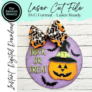 Accroche-porte Halloween Trick or Treat citrouille | Halloween | Accroche-porte | Fichier SVG | Fichier découpé au laser | Forgelumineuse | Chauves-souris | Halloween SVG