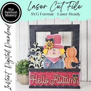 Add-on für Wechselfensterbox | Vogelscheuche Hallo Herbst Fenster Box Einsatz SVG | Laser-Schnitt-Datei | Fenster Box Kantenhocker
