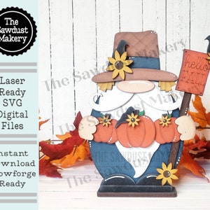 Fichier SVG Gnome d'épouvantail d'automne | Fichier découpé au laser | Fichier SVG Gnome épouvantail debout | Garde d'étagères gnome | Automne | Tournesols | Bonjour l'automne