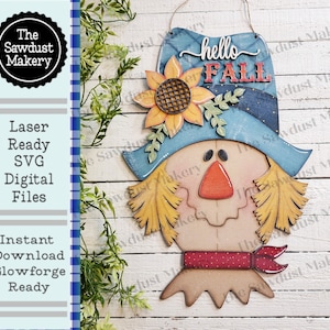 Hello Fall Scarecrow Door Hanger | Thanksgiving | Door Hanger | SVG File | Laser Cut File | Glowforge | Fall SVG Decor | Scarecrow SVG