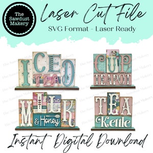 Könnte beinhalten: Eine digitale Download-Grafik mit Laser-Cut-Datei-Designs für Tee-Dekoration. Das Bild zeigt vier Blockschilder mit den Wörtern "ICED TEA", "CUP TEAPOT", "MILK & HONEY" und "TEA KETTLE" in Pastellfarben und floralen Mustern. Der Text "Laser Cut File" ist ebenfalls vorhanden.