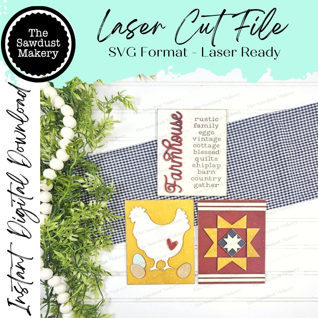 Farmhouse Sign Trio Bundle Laser Cut File |  Interchangeable Frame | Prim Farmhouse Sign Inserts | 5" x 6.25" signs