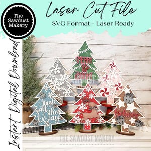 Fichier laser SVG arbre de Noël sur pied | Arbre de Noël SVG | Décoration SVG de manteau de cheminée | Décoration d'arbre de Noël | Arbres flocon de neige | Fichiers Glowforge