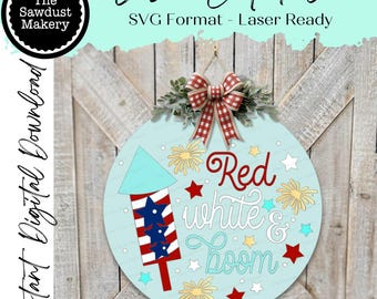 Red White & Boom Firecracker 4th of July Door Hanger SVG File  | Laser Cut File | 4th of July SVG File | Door Hanger svg | Summer svg | USA