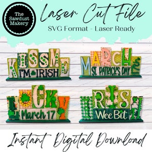 Mini St. Patrick's Day Word Block 5 & 6 Letter Sets | Mini Word Block SVG laser Cut File | Glowforge | Standing SVG File
